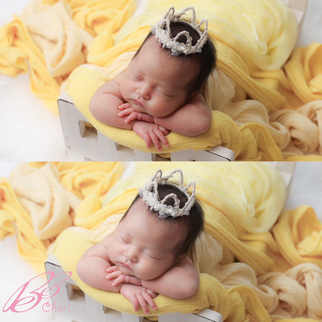 ニューボーンフォトのアートレタッチで、赤ちゃんのほっぺをツルツルに美しく仕上げた写真
