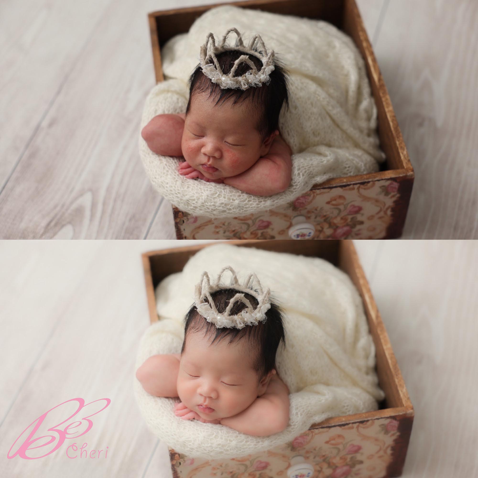 ニューボーンフォトのアートレタッチで、赤ちゃんのほっぺをツルツルに美しく仕上げた写真2