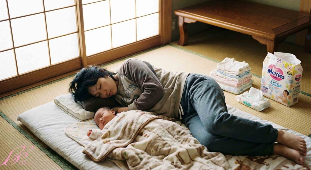 年末年始に実家でリラックスして過ごす赤ちゃんと家族の様子