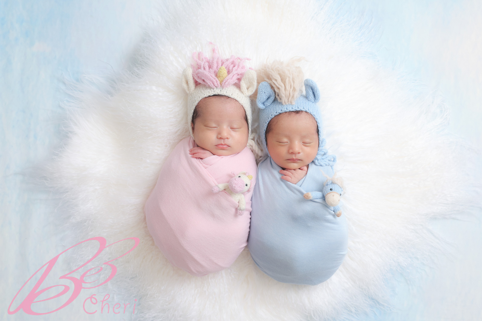 神奈川県横浜市港北区で双子ニューボーンフォト ユニコーンとお馬さんの帽子ポーズ