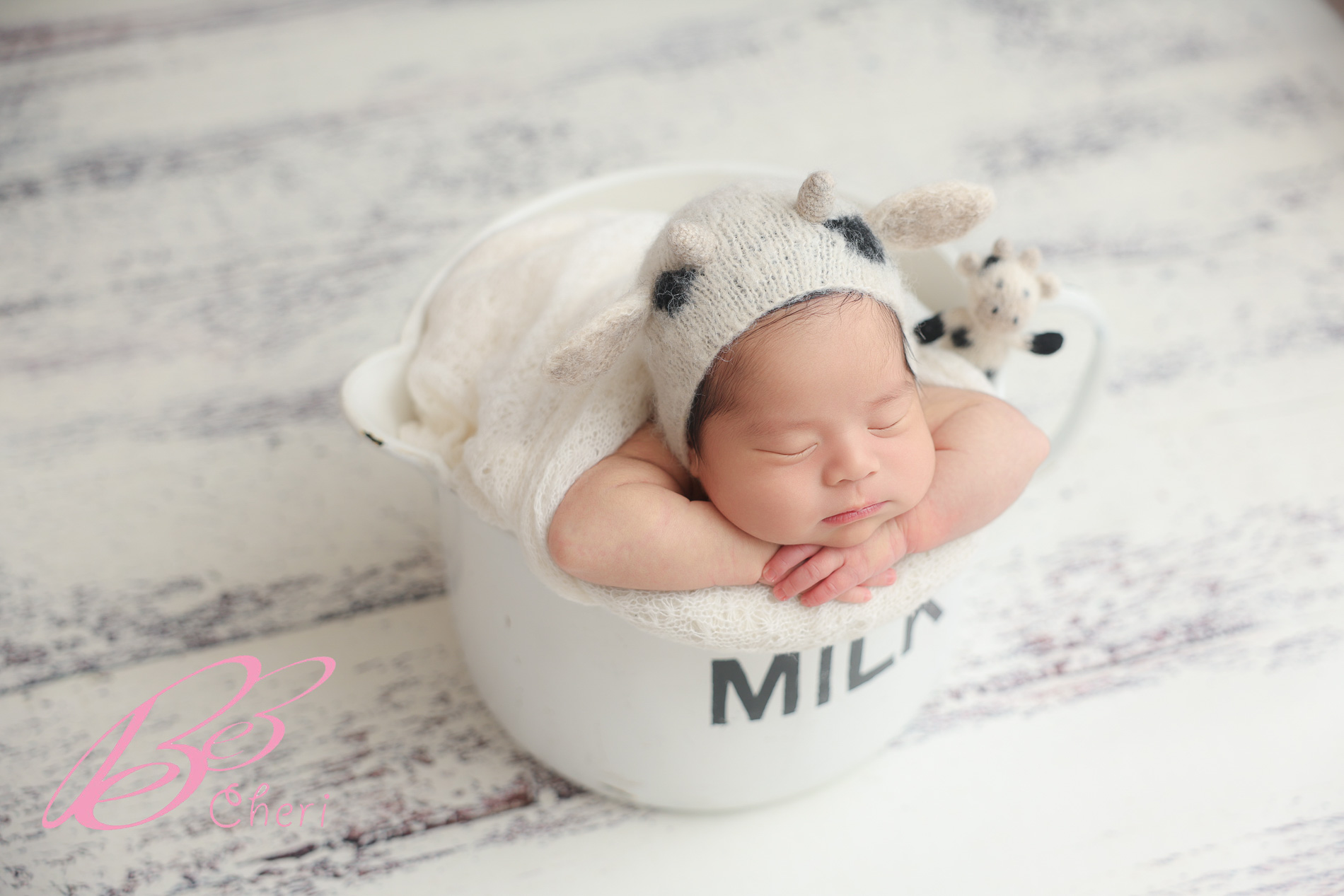 千葉県柏市でニューボーンフォト MILKカップに入った牛さんポーズの赤ちゃん